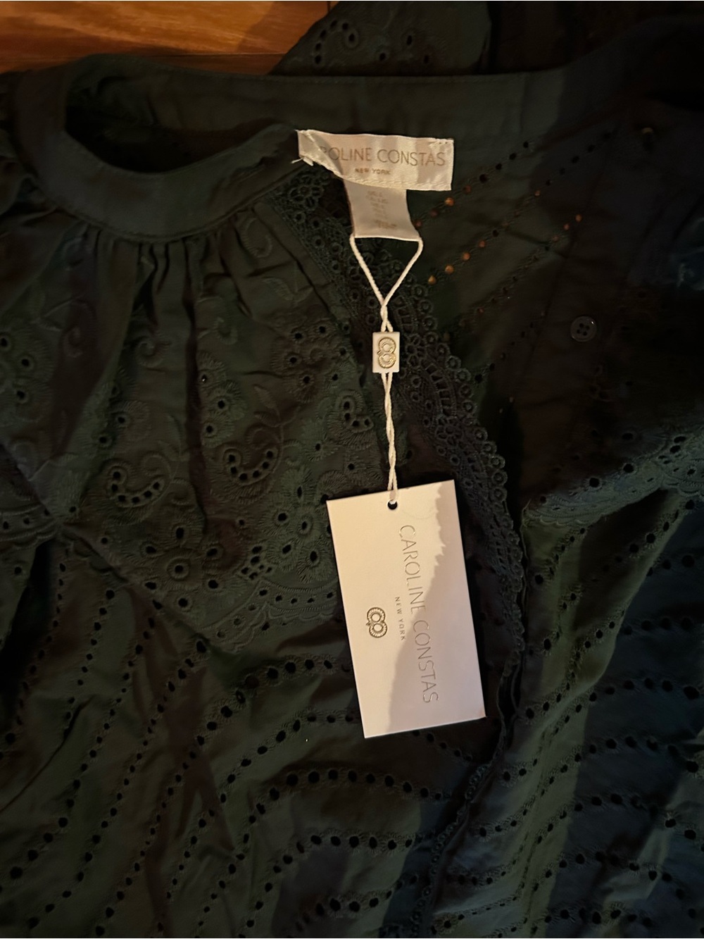 Caroline Constas Dark Green Eyelet Ruffled Cape Collar Blouse. Large. - Picture 5 of 9